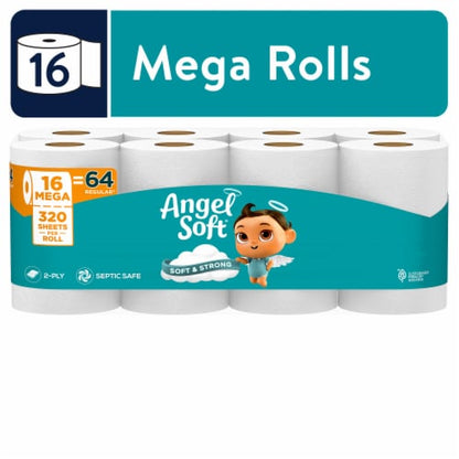 Angel Soft 2-Ply Toilet Paper, 16 Mega Rolls, 320 Sheets per Roll - front package