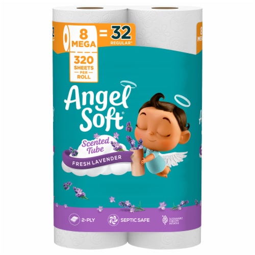Angel Soft 2-Ply Toilet Paper with Fresh Lavender Scented Tube, 8 Mega Rolls, 320 Sheets per Roll - front package