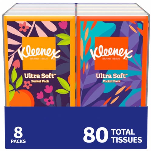 Kleenex On-The-Go 3-Ply Facial Tissues, 8 Travel Packs, 80 Tissues - front package