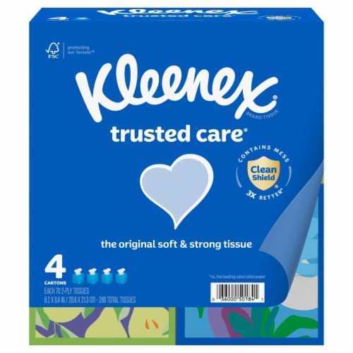 Kleenex Trusted Care 2-Ply Facial Tissues, 4 Cube Boxes, 70 Tissues per Box - front package