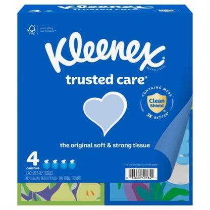 Kleenex Trusted Care 2-Ply Facial Tissues, 4 Cube Boxes, 70 Tissues per Box - front package