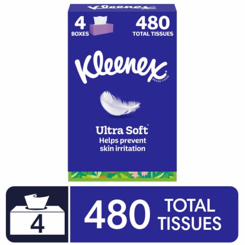 Kleenex Ultra Soft 3-Ply Facial Tissues, 4 Flat Boxes, 120 Tissues per Box - front package