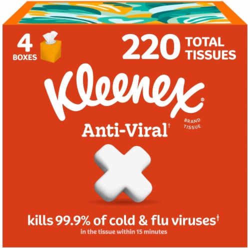 Kleenex Anti-Viral 3-Ply Facial Tissues, 4 Cube Boxes, 55 Tissues per Box - front package