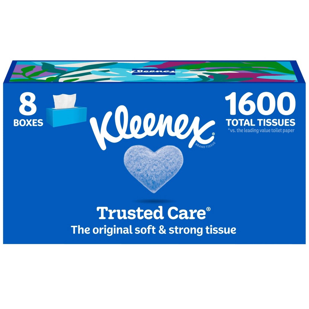 Kleenex Trusted Care 2-Ply Facial Tissues, 8 Flat Boxes, 200 Tissues per Box - front package