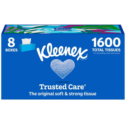 Kleenex Trusted Care 2-Ply Facial Tissues, 8 Flat Boxes, 200 Tissues per Box - front package