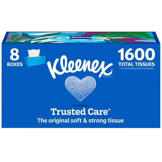 Kleenex Trusted Care 2-Ply Facial Tissues, 8 Flat Boxes, 200 Tissues per Box - front package
