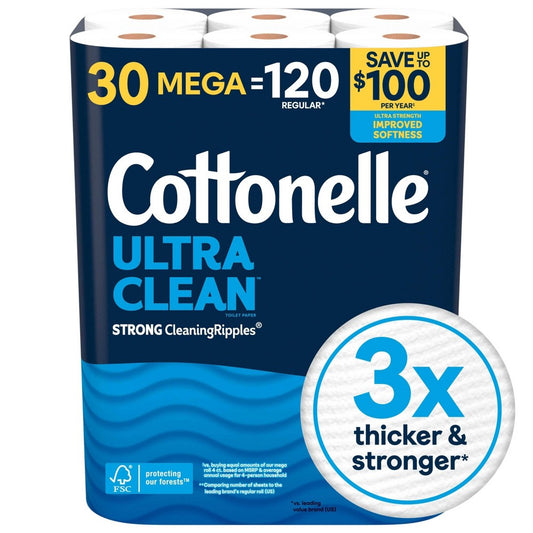 Cottonelle Ultra Clean Toilet Paper, 30 Mega Rolls, 284 Sheets per Roll - front package