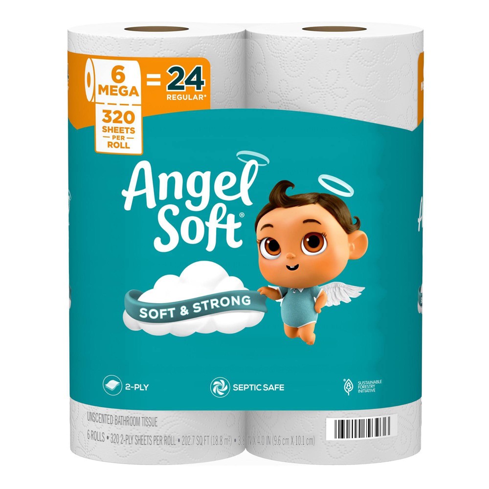 Angel Soft 2-Ply Toilet Paper, 6 Mega Rolls, 320 Sheets per Roll - front package