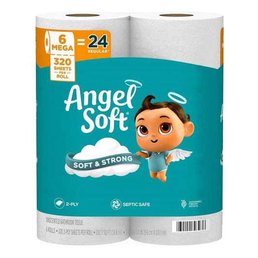 Angel Soft 2-Ply Toilet Paper, 6 Mega Rolls, 320 Sheets per Roll - front package