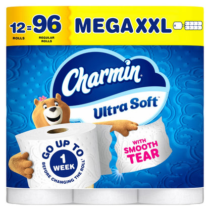 Charmin Ultra Soft 2-Ply Toilet Paper, 12 Mega XXL Rolls, 416 Sheets per Roll - front package