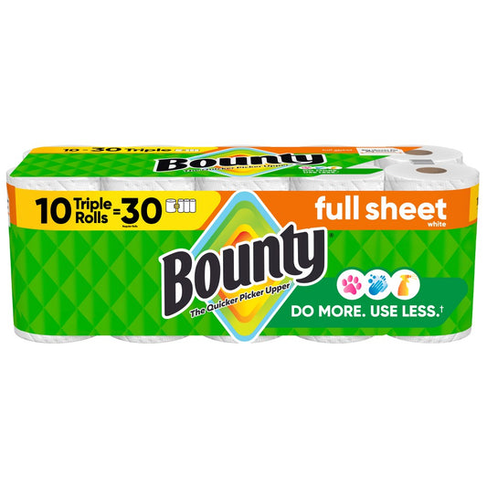 Bounty Full Sheet 2-Ply Paper Towels, 10 Triple Rolls, 75 Sheets per Roll - front package